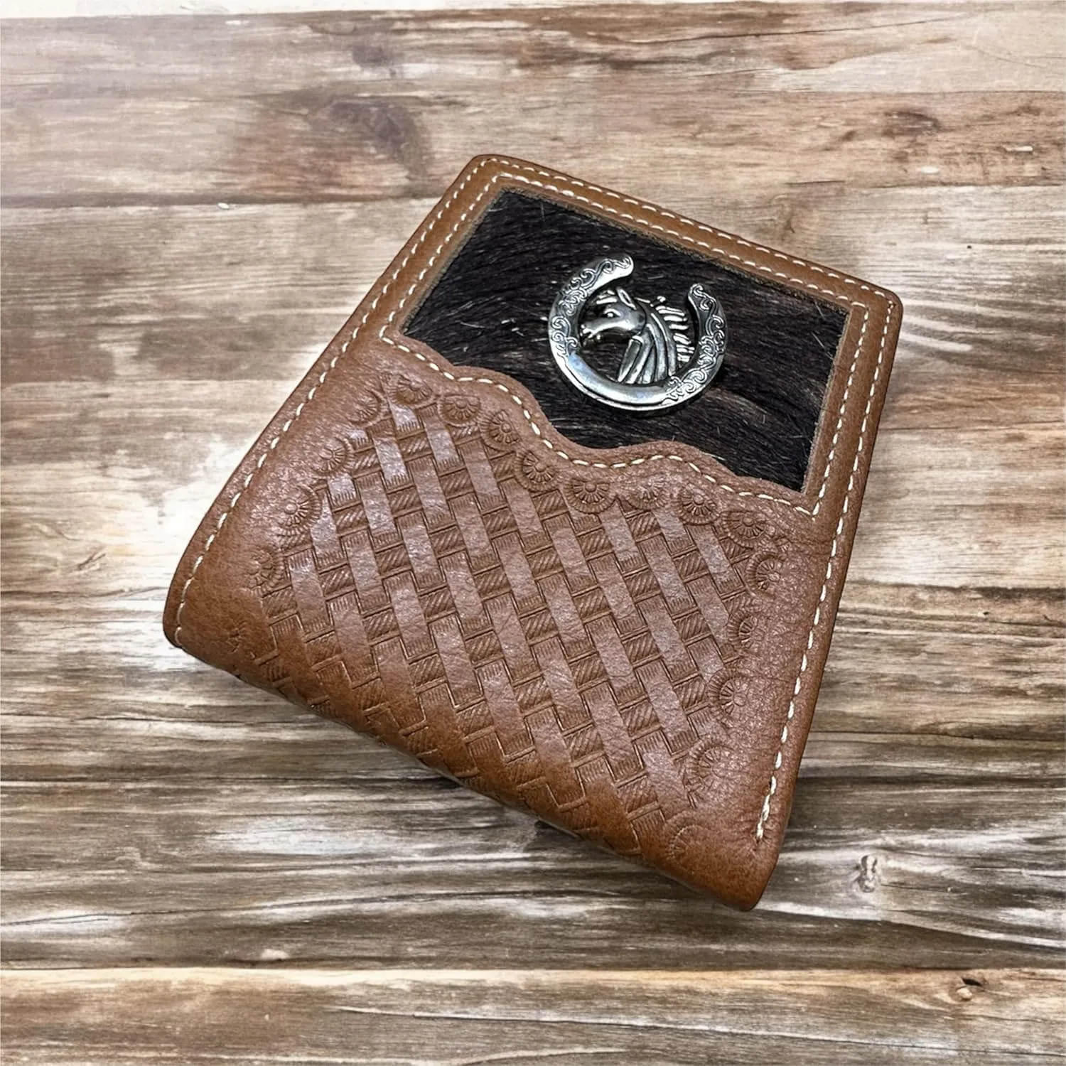 Urbalabs Mens Cow Hair Cowboy Horse and Horseshoe Basketweave Bifold Western Leather Wallet High End Hand Stitched Leather Style Mens Wallets Leather Bull Rider Rodeo Gifts For Men (Brown)