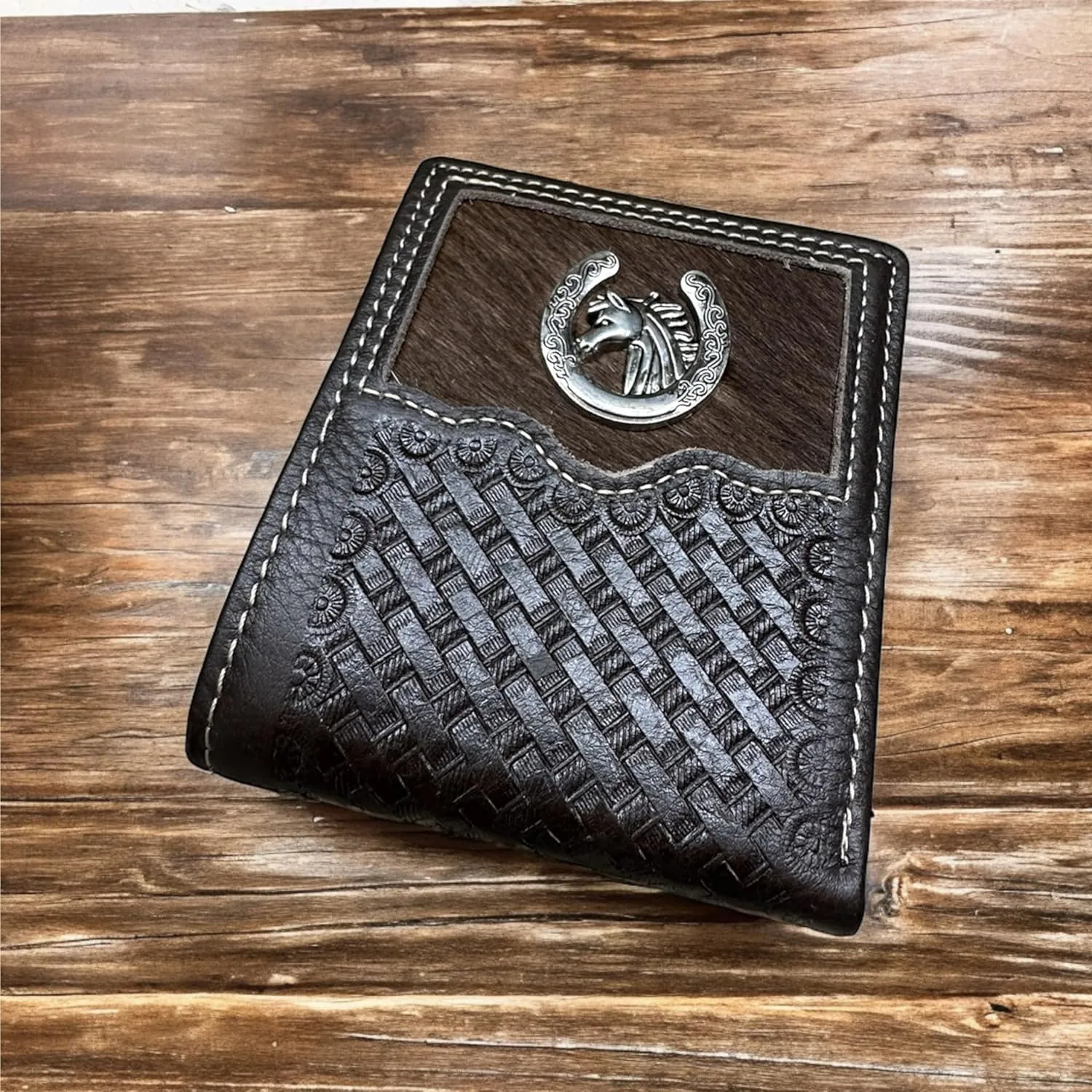 Urbalabs Mens Cow Hair Cowboy Horse and Horseshoe Basketweave Bifold Western Leather Wallet High End Hand Stitched Leather Style Mens Wallets Leather Bull Rider Rodeo Gifts For Men (Coffee)