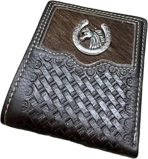 Urbalabs Mens Cow Hair Cowboy Horse and Horseshoe Basketweave Bifold Western Leather Wallet High End Hand Stitched Leather Style Mens Wallets Leather Bull Rider Rodeo Gifts For Men (Coffee)