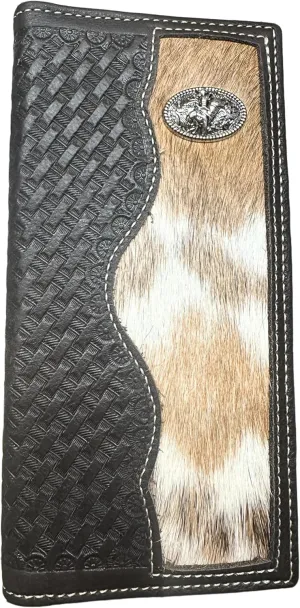 Urbalabs Mens Long Wallet Basketweave Coffee Leather Soft Leather Cow Hair Checkbook Style Cowboy Hand Crafted High End Mens Wallets Leather Bull Rider Rodeo Concho Gifts For Men