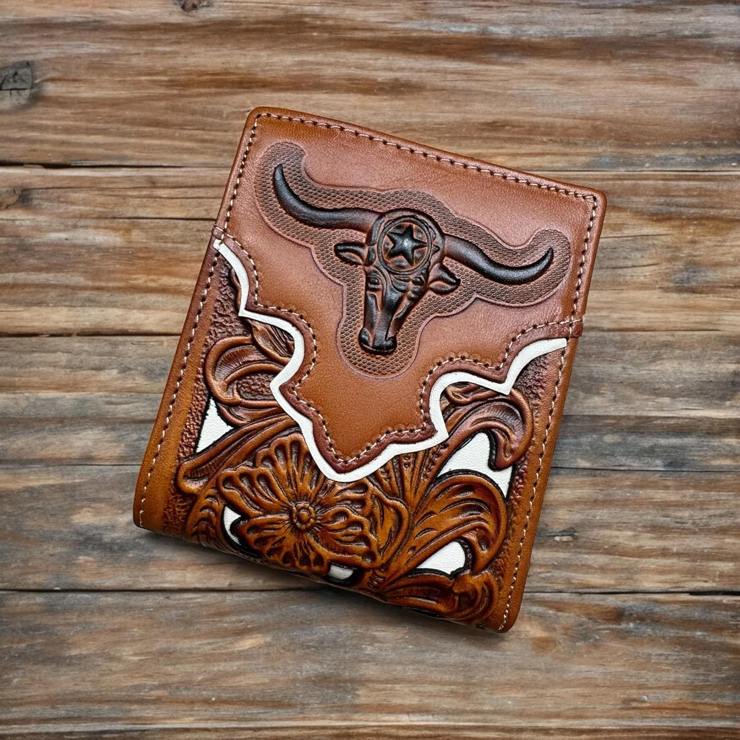 Urbalabs Mens Wallet Floral Longhorn Embossed Cowboy Western Leather Wallet High End Cut Out Layered Leather Style Mens Wallets Leather Bull Rider Rodeo Gifts For Men (Brown & White)