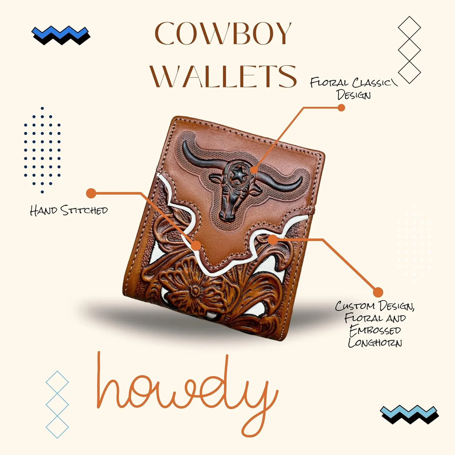 Urbalabs Mens Wallet Floral Longhorn Embossed Cowboy Western Leather Wallet High End Cut Out Layered Leather Style Mens Wallets Leather Bull Rider Rodeo Gifts For Men (Brown & White)