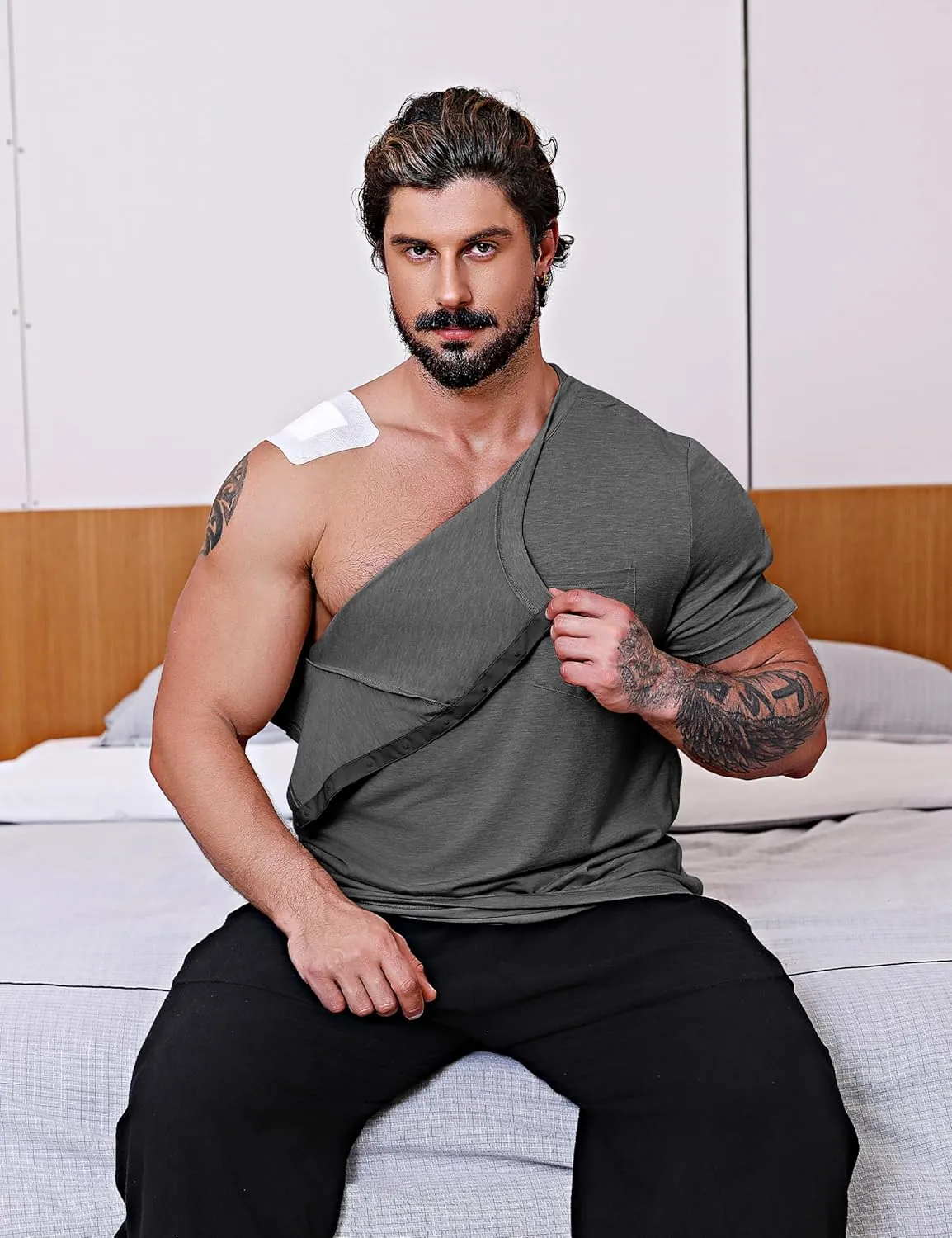 URRU Men's Post Shoulder Surgery Shirts Recovery Full Tear Away Short Sleeve Snap Chemo Shirts for Port Access