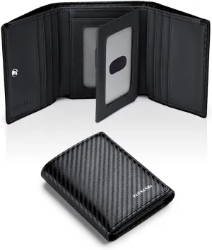 VANNANBA 2023 New Mens Trifold Leather Wallet with Folded ID Windows,12 Card Slots & 2 Note pockets(carbon black)