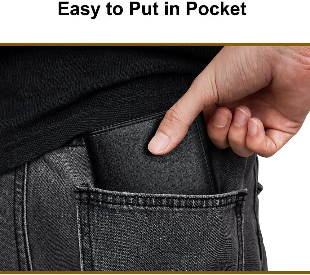 VANNANBA Men's Leather Trifold Wallet with Folded ID Windows,12 Card Slots & 2 Note pockets(Plain black)