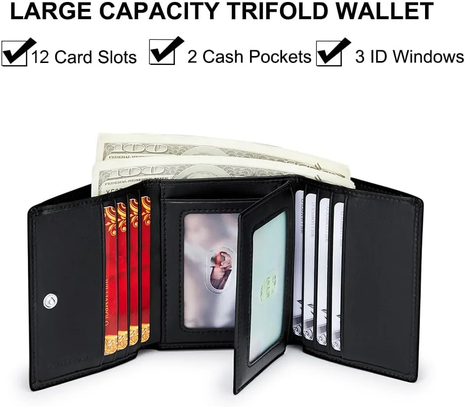 VANNANBA Men's Leather Trifold Wallet with Folded ID Windows,12 Card Slots & 2 Note pockets(Plain black)