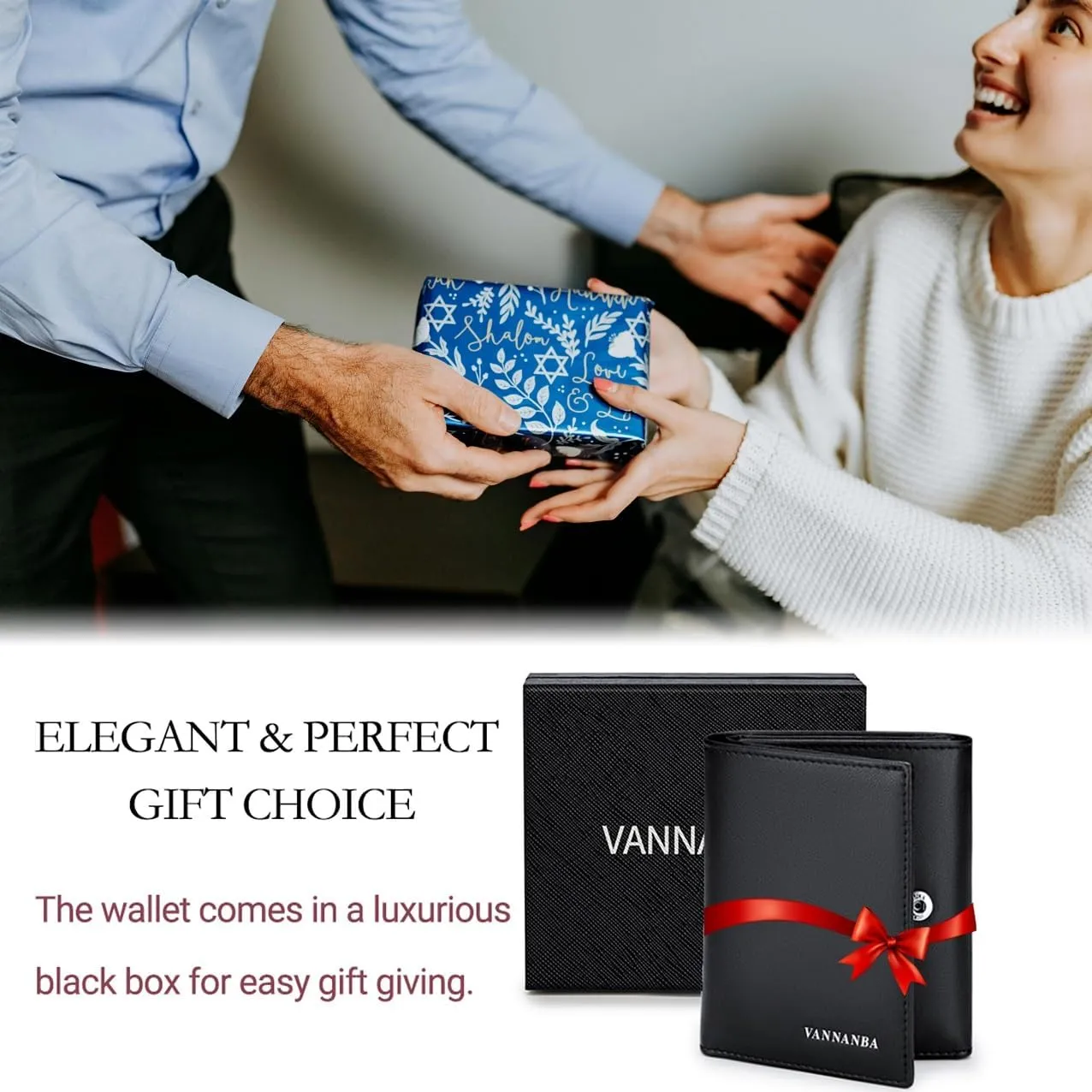 VANNANBA Men's Leather Trifold Wallet with Folded ID Windows,12 Card Slots & 2 Note pockets(Plain black)
