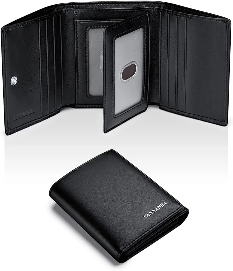 VANNANBA Men's Leather Trifold Wallet with Folded ID Windows,12 Card Slots & 2 Note pockets(Plain black)