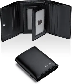 VANNANBA Men's Leather Trifold Wallet with Folded ID Windows,12 Card Slots & 2 Note pockets(Plain black)