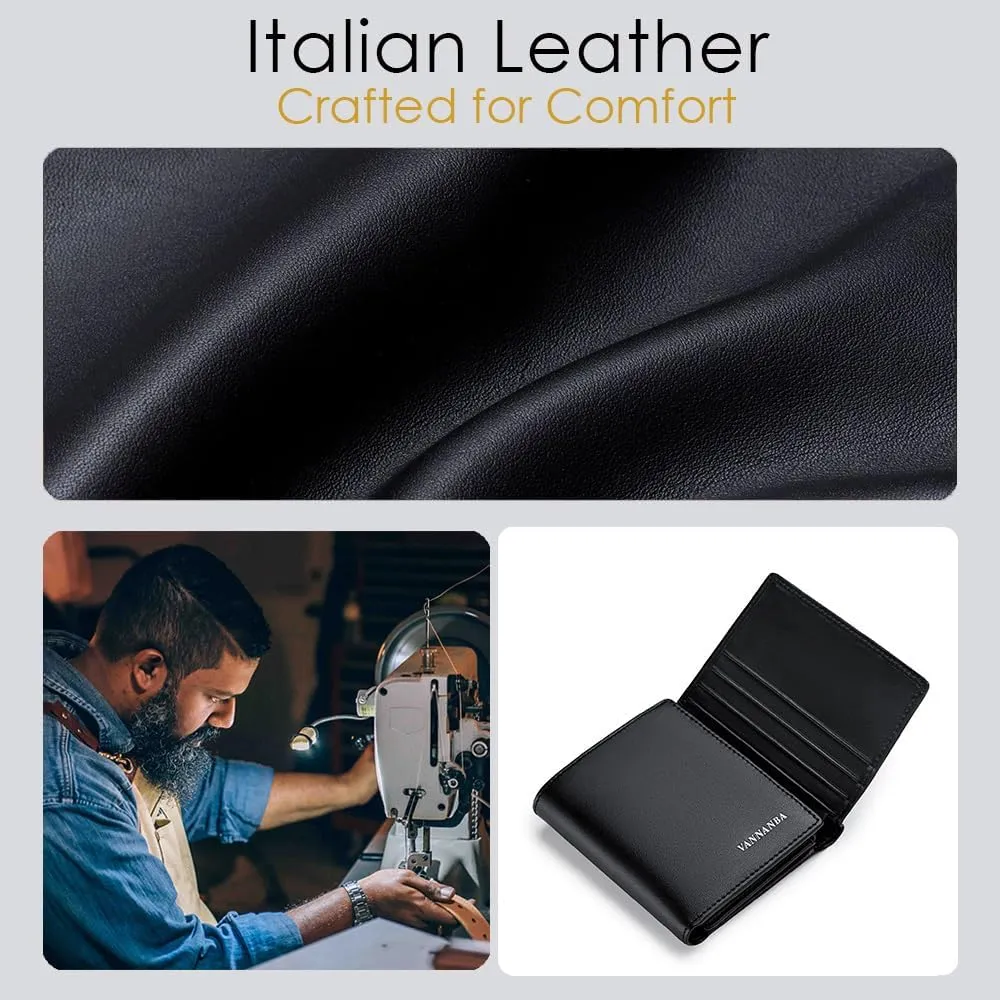VANNANBA Men's Leather Trifold Wallet with Folded ID Windows,12 Card Slots & 2 Note pockets(Plain black)