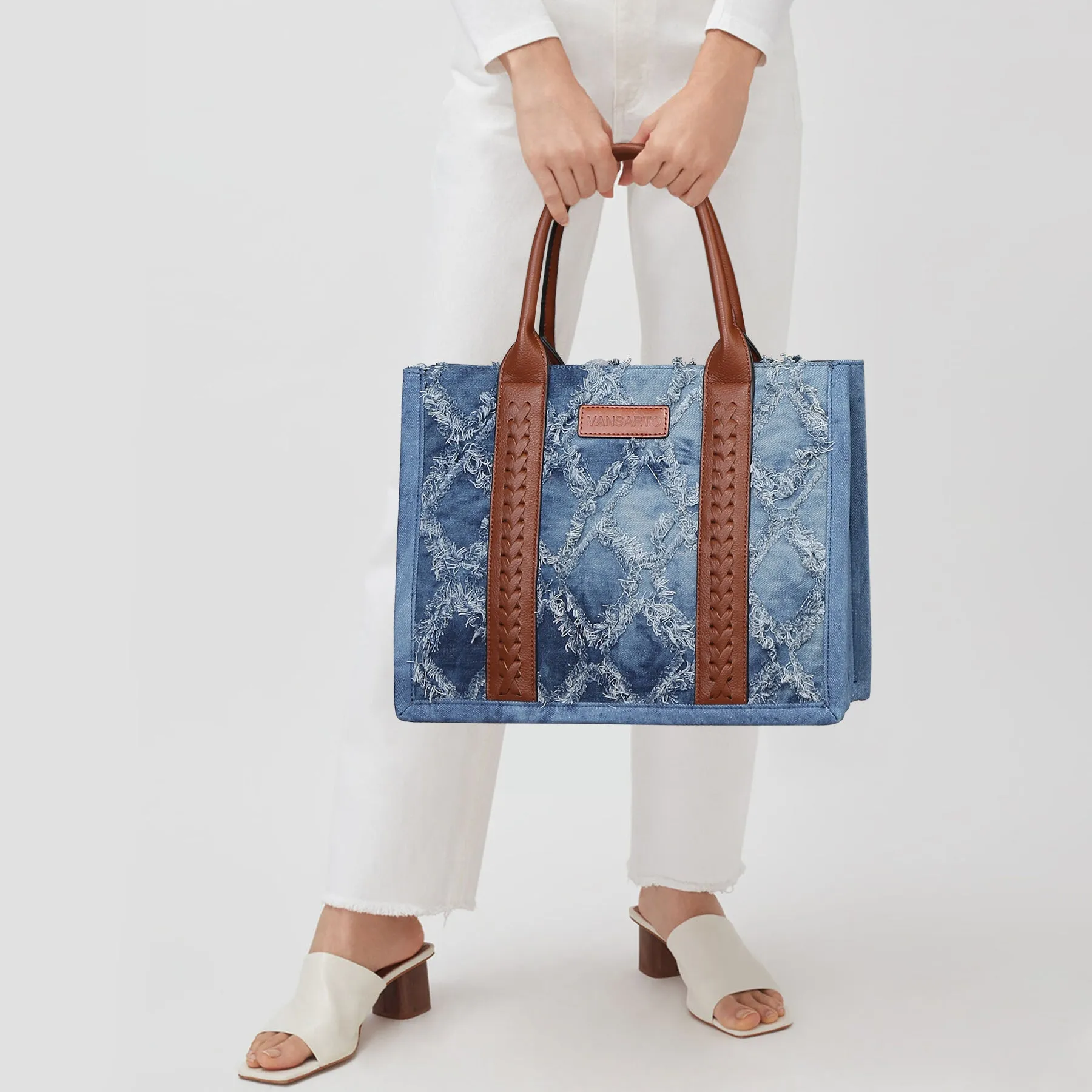 VANSARTO Denim Tote Bag for Women Aztec Handbags with Wristlet
