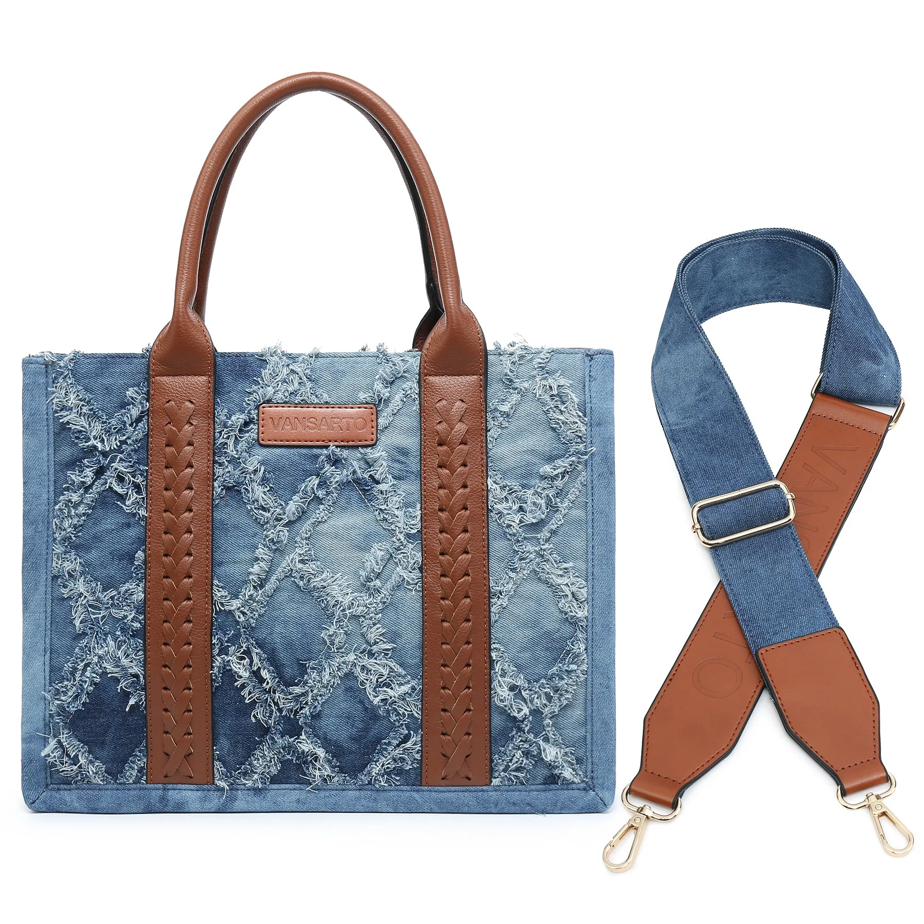 VANSARTO Denim Tote Bag for Women Aztec Handbags with Wristlet
