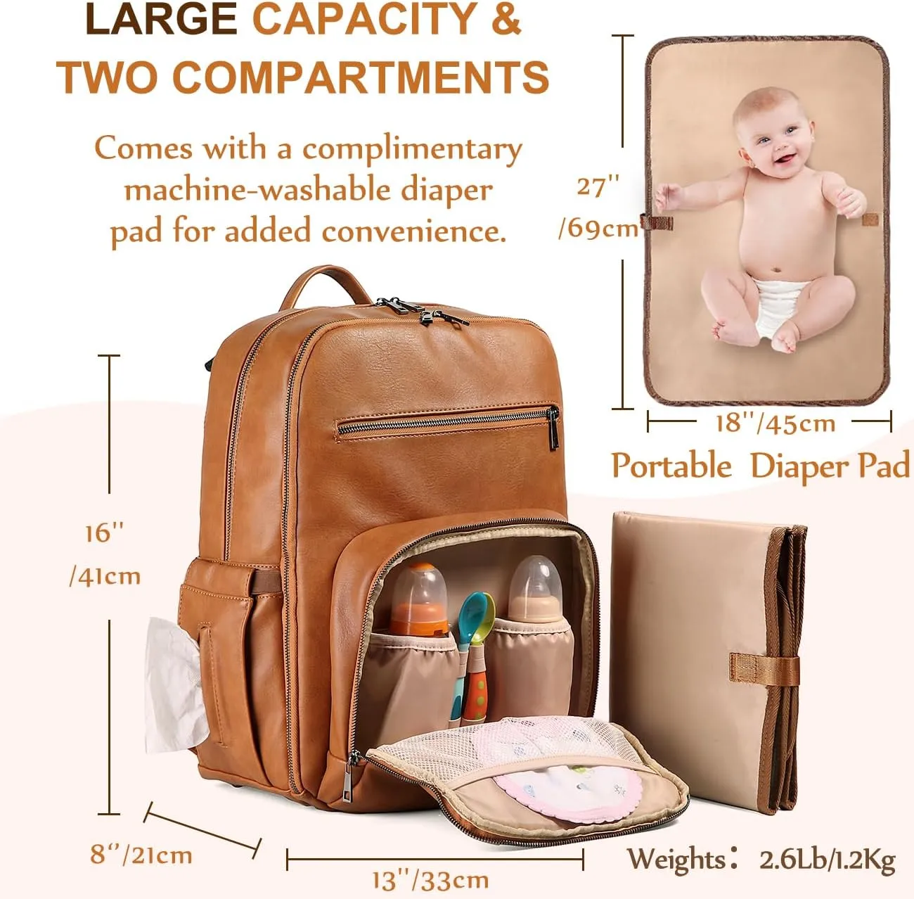 VASCHY Diaper Bag Backpack for Mum Dad, Unisex Large Waterproof Vegan Leather Baby Bag with Changing Pad,Insulated Pockets,Padded Laptop Sleeve for Travel,Brown
