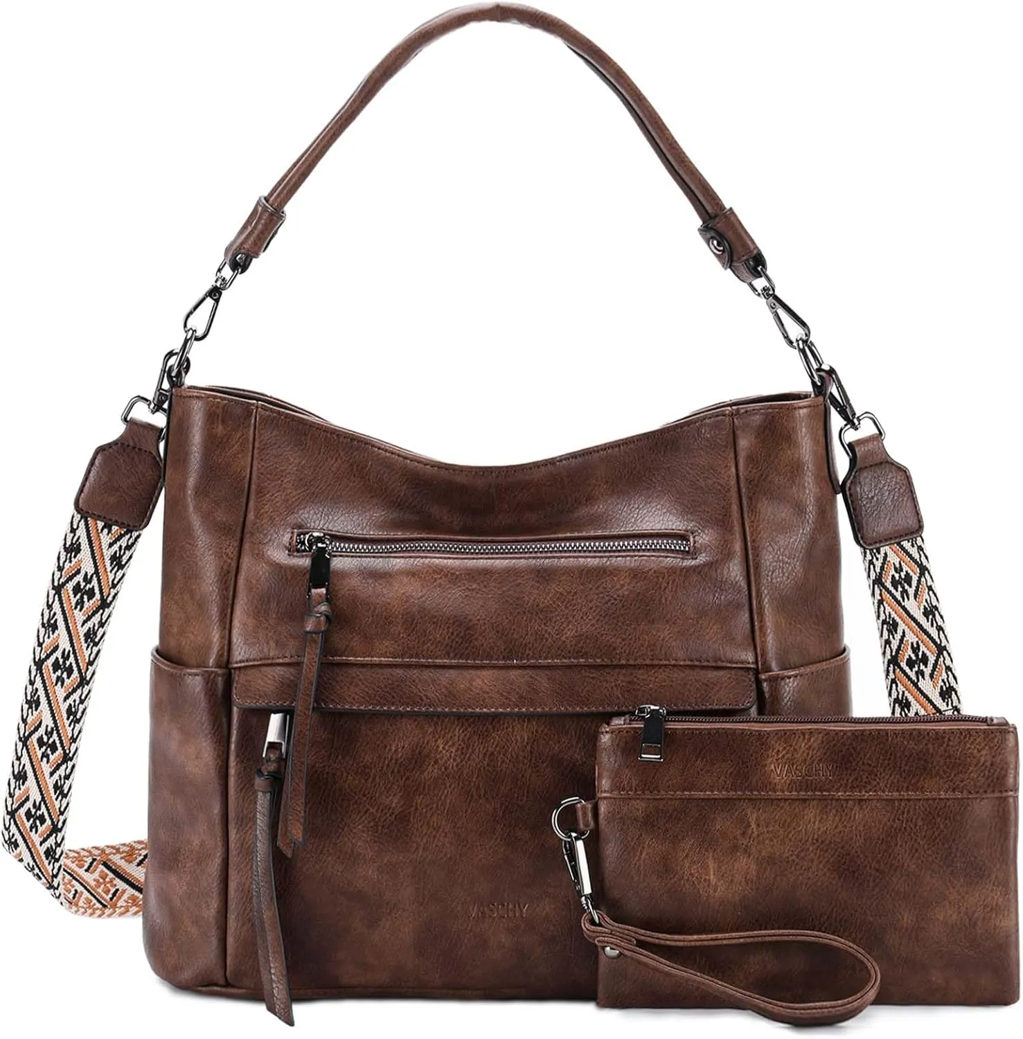 VASCHY Hobo Bag for Women, Medium Vegan Leather Shoulder Purse Handbag Wallet Set Tote Bag with Crossbody Guitar Strap