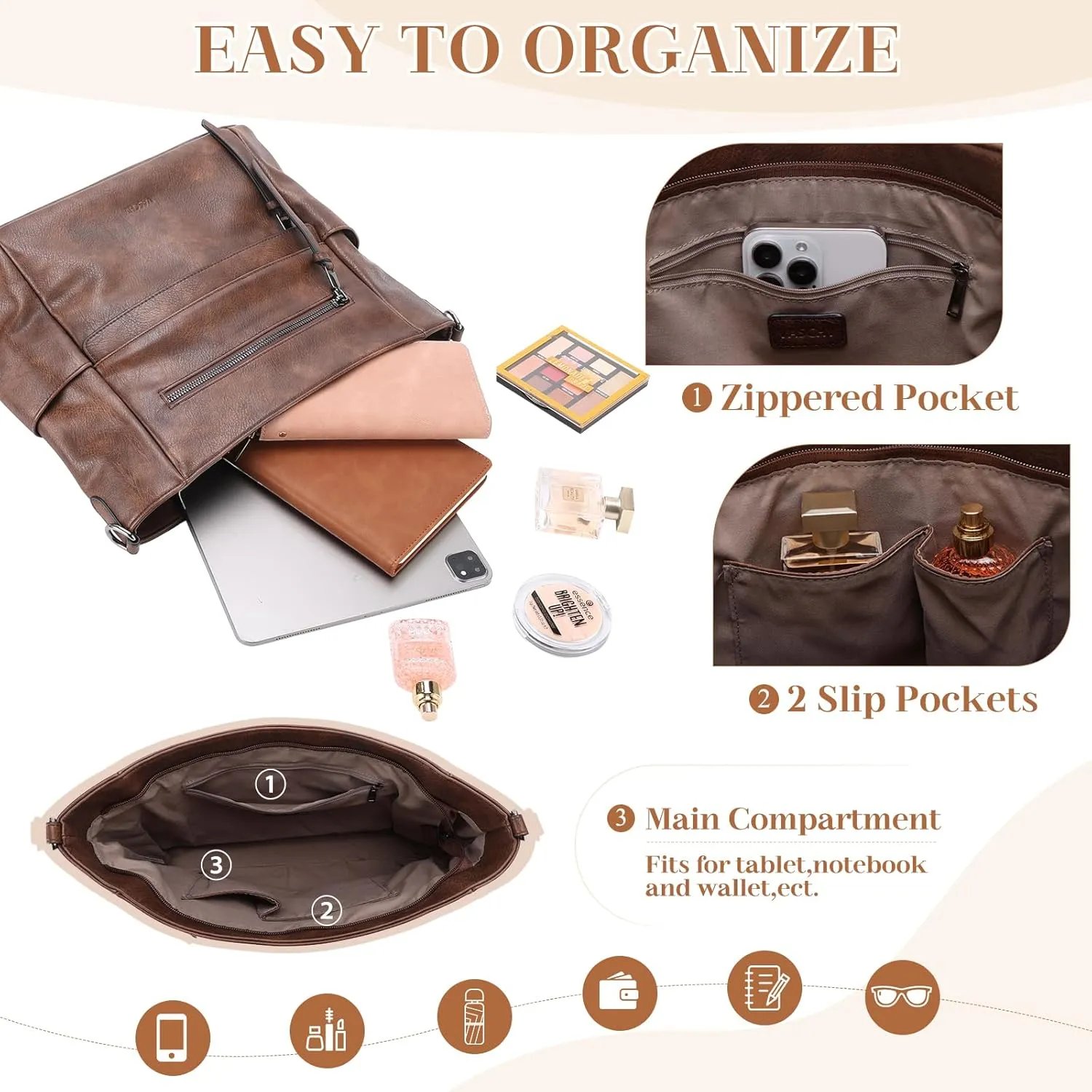 VASCHY Hobo Bag for Women, Medium Vegan Leather Shoulder Purse Handbag Wallet Set Tote Bag with Crossbody Guitar Strap