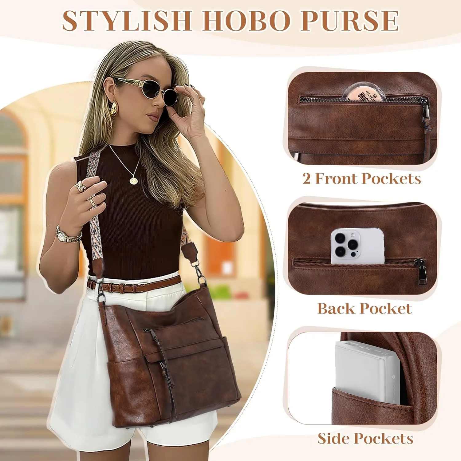 VASCHY Hobo Bag for Women, Medium Vegan Leather Shoulder Purse Handbag Wallet Set Tote Bag with Crossbody Guitar Strap