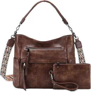 VASCHY Hobo Bag for Women, Medium Vegan Leather Shoulder Purse Handbag Wallet Set Tote Bag with Crossbody Guitar Strap