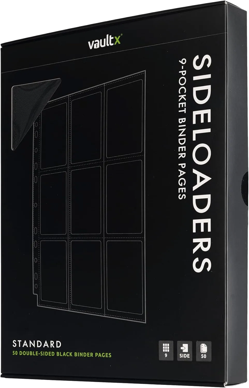 Vault X 9 Pocket Sideloading Pages for 3 Ring Binder, Double-Sided A4 Sideloaders, Storage for Collectible Card Games, Sports, TCG (Black, 50 Pack)