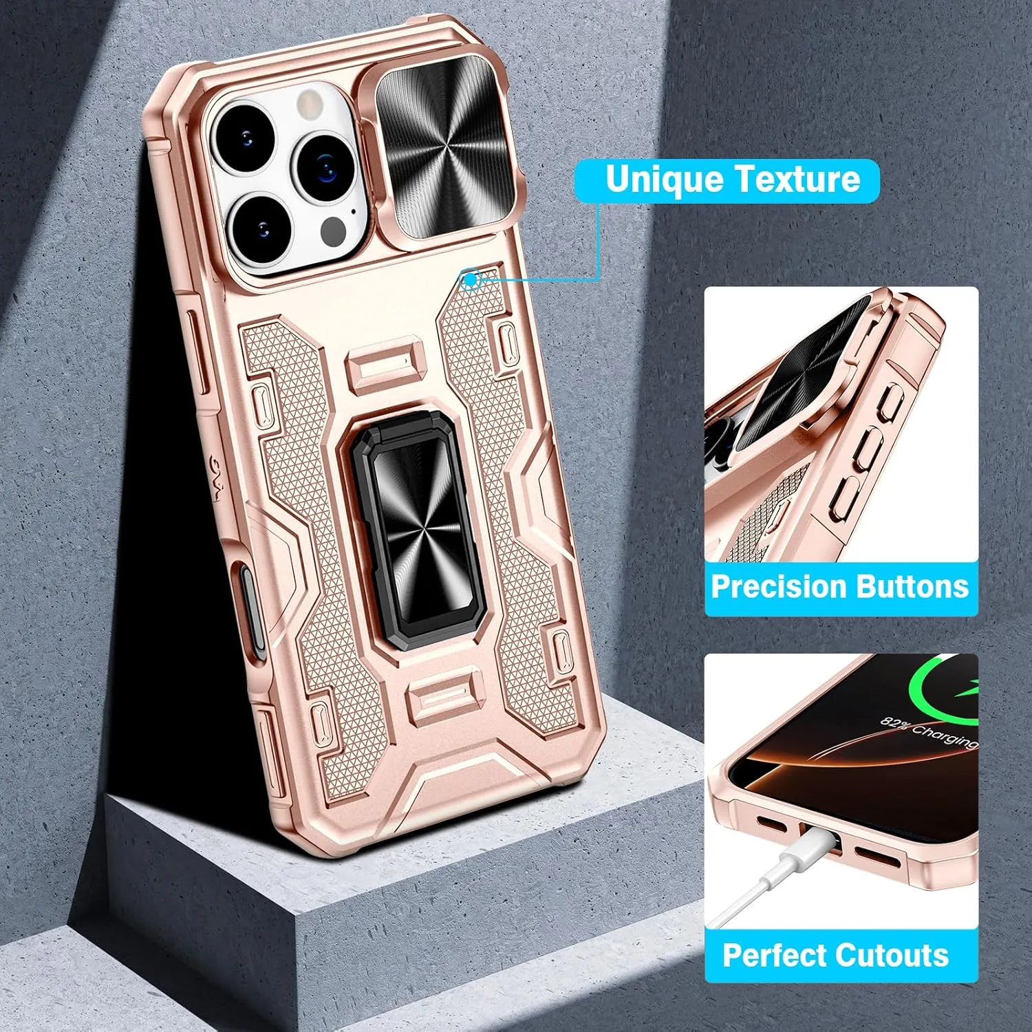 VEGO Case for iPhone 16 Pro Max, Slide Camera Cover & Privacy Screen Protector & 360°Rotatable Ring Kickstand Military Grade Heavy Duty Protection Case for iPhone 16 ProMax - Rose Gold
