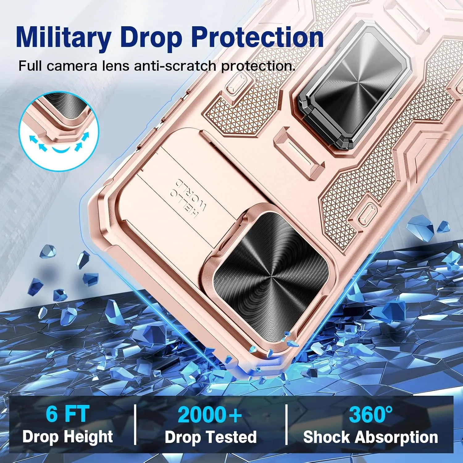 VEGO Case for iPhone 16 Pro Max, Slide Camera Cover & Privacy Screen Protector & 360°Rotatable Ring Kickstand Military Grade Heavy Duty Protection Case for iPhone 16 ProMax - Rose Gold