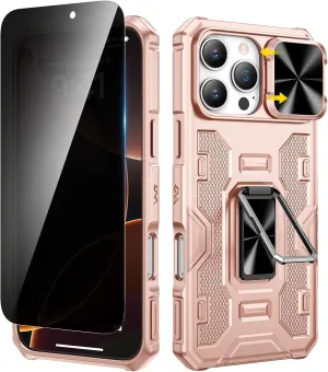 VEGO Case for iPhone 16 Pro Max, Slide Camera Cover & Privacy Screen Protector & 360°Rotatable Ring Kickstand Military Grade Heavy Duty Protection Case for iPhone 16 ProMax - Rose Gold