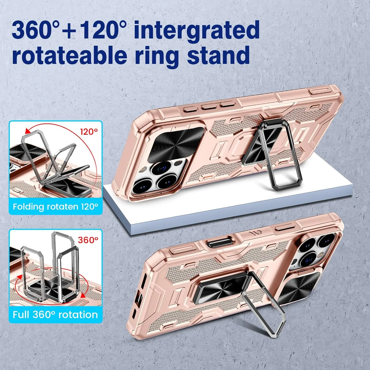 VEGO Case for iPhone 16 Pro Max, Slide Camera Cover & Privacy Screen Protector & 360°Rotatable Ring Kickstand Military Grade Heavy Duty Protection Case for iPhone 16 ProMax - Rose Gold