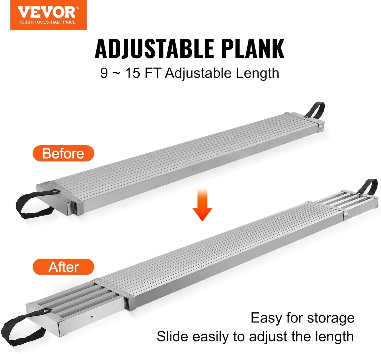 VEVOR Aluminum Telescoping Work Plank, 9-15FT, 500lbs Capacity, 12.5 inch Width, Scaffolding Plank with Skid-Proof Platform Scaffold Ladder Accessory