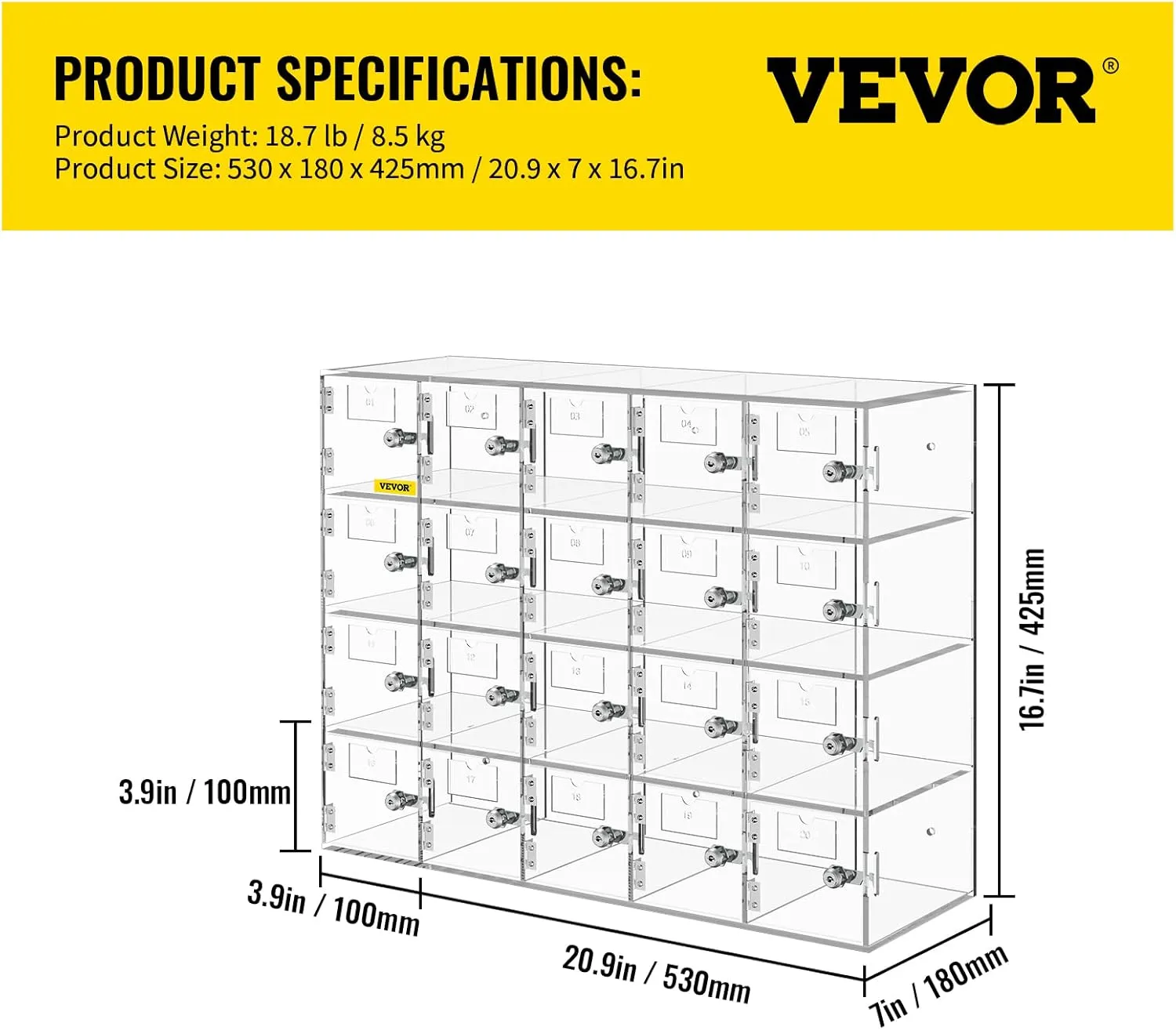 VEVOR Cell Phone Storage Locker, 20 Slots Acrylic Material with Door Locks and Keys, Wall-Mounted Cabinet Pocket Office Classroom Gym Box, Clear