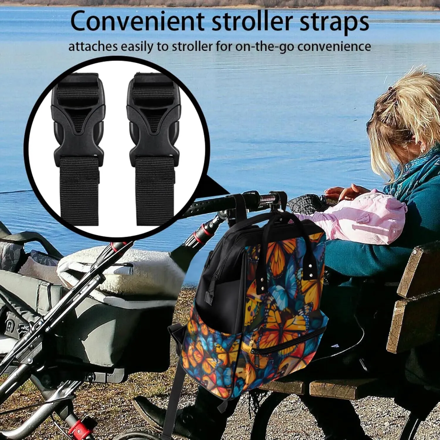 Vibrant Butterfly Cascade Double Shoulder Mommy Bag for Women, Polyester Large Capacity Diaper Backpack with Multi Pockets, Waterproof Adjustable Straps Diaper Bag for Moms Dads, 11''×7''×15.7''