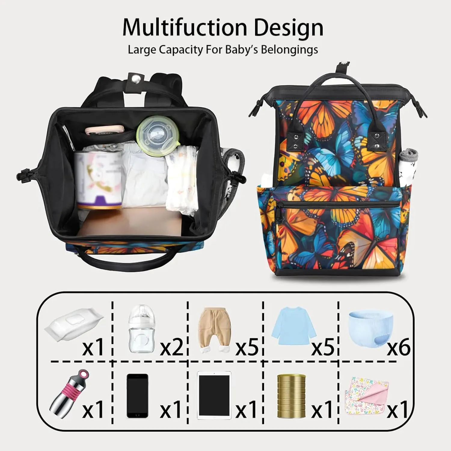 Vibrant Butterfly Cascade Double Shoulder Mommy Bag for Women, Polyester Large Capacity Diaper Backpack with Multi Pockets, Waterproof Adjustable Straps Diaper Bag for Moms Dads, 11''×7''×15.7''