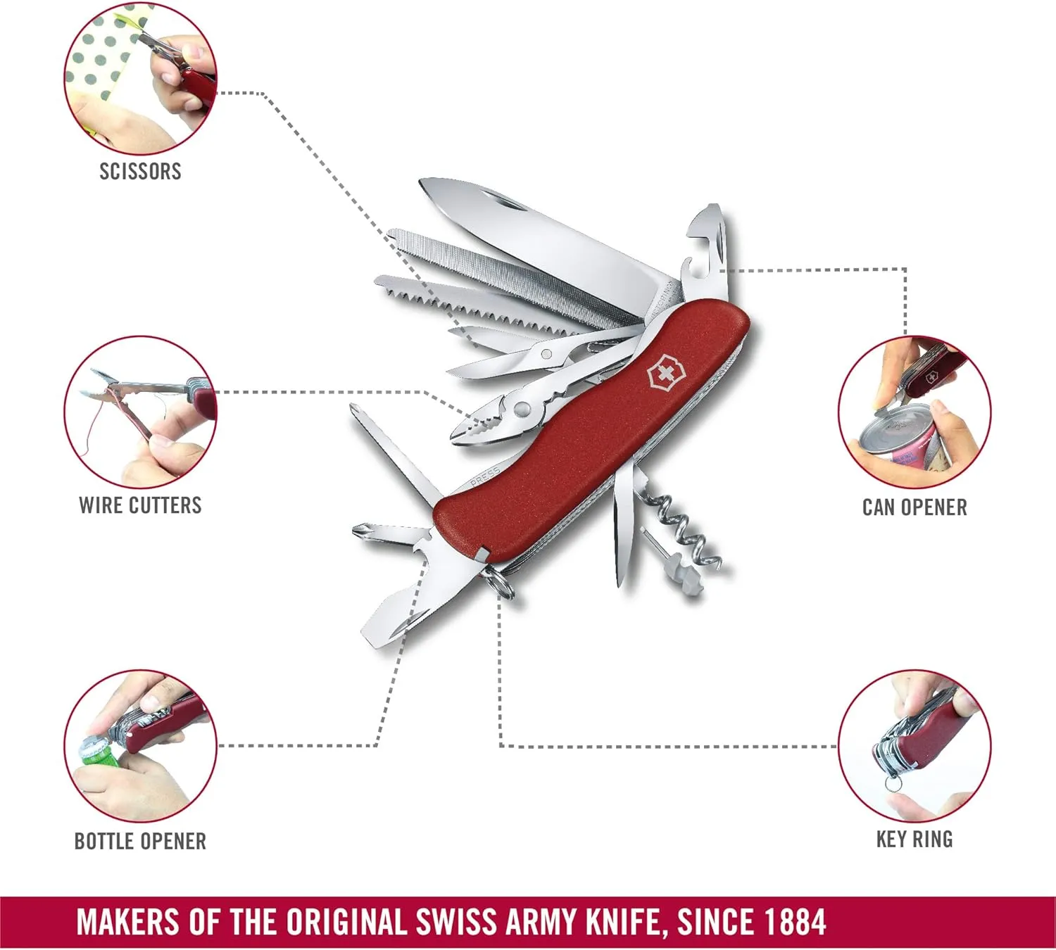 Victorinox Work Champ Swiss Army Knife, 21 Function Swiss Made Pocket Knife with Large Blade, Pliers, 4 Screwdrivers and Wood Saw - Red
