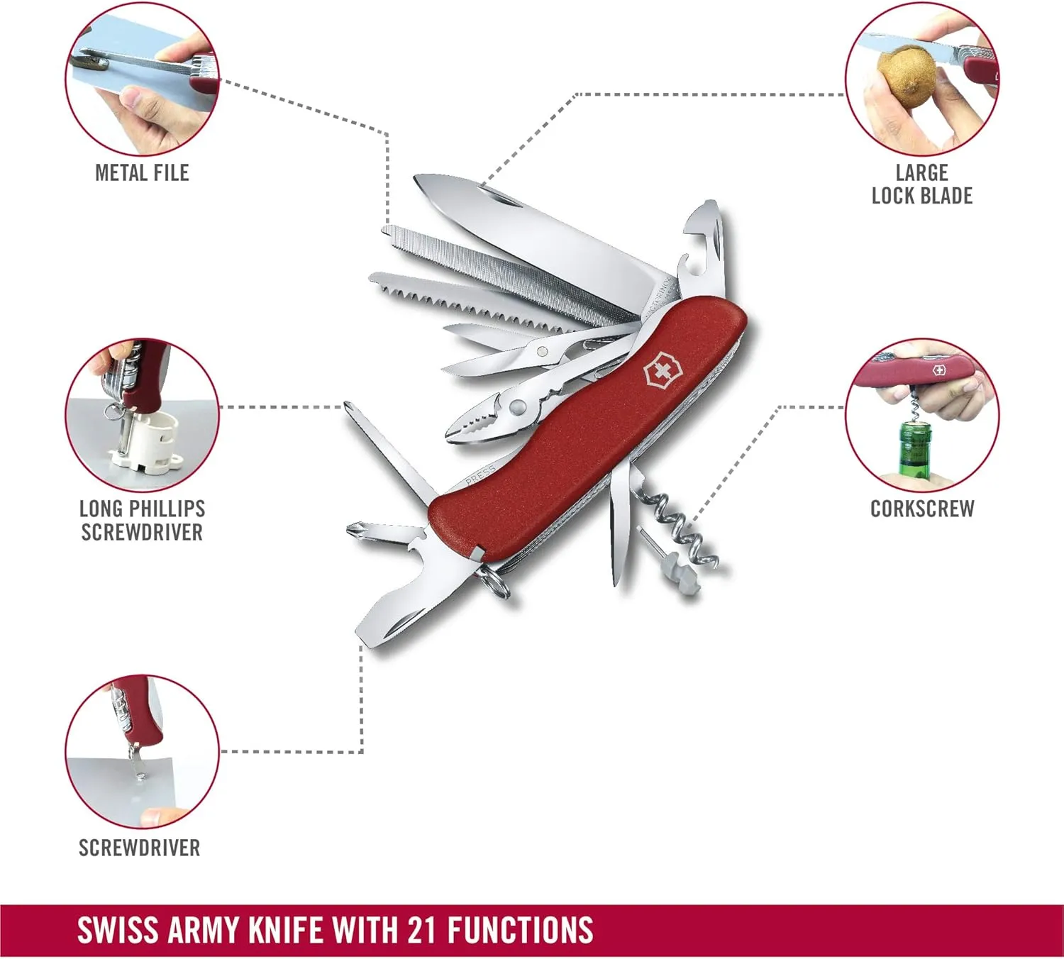 Victorinox Work Champ Swiss Army Knife, 21 Function Swiss Made Pocket Knife with Large Blade, Pliers, 4 Screwdrivers and Wood Saw - Red