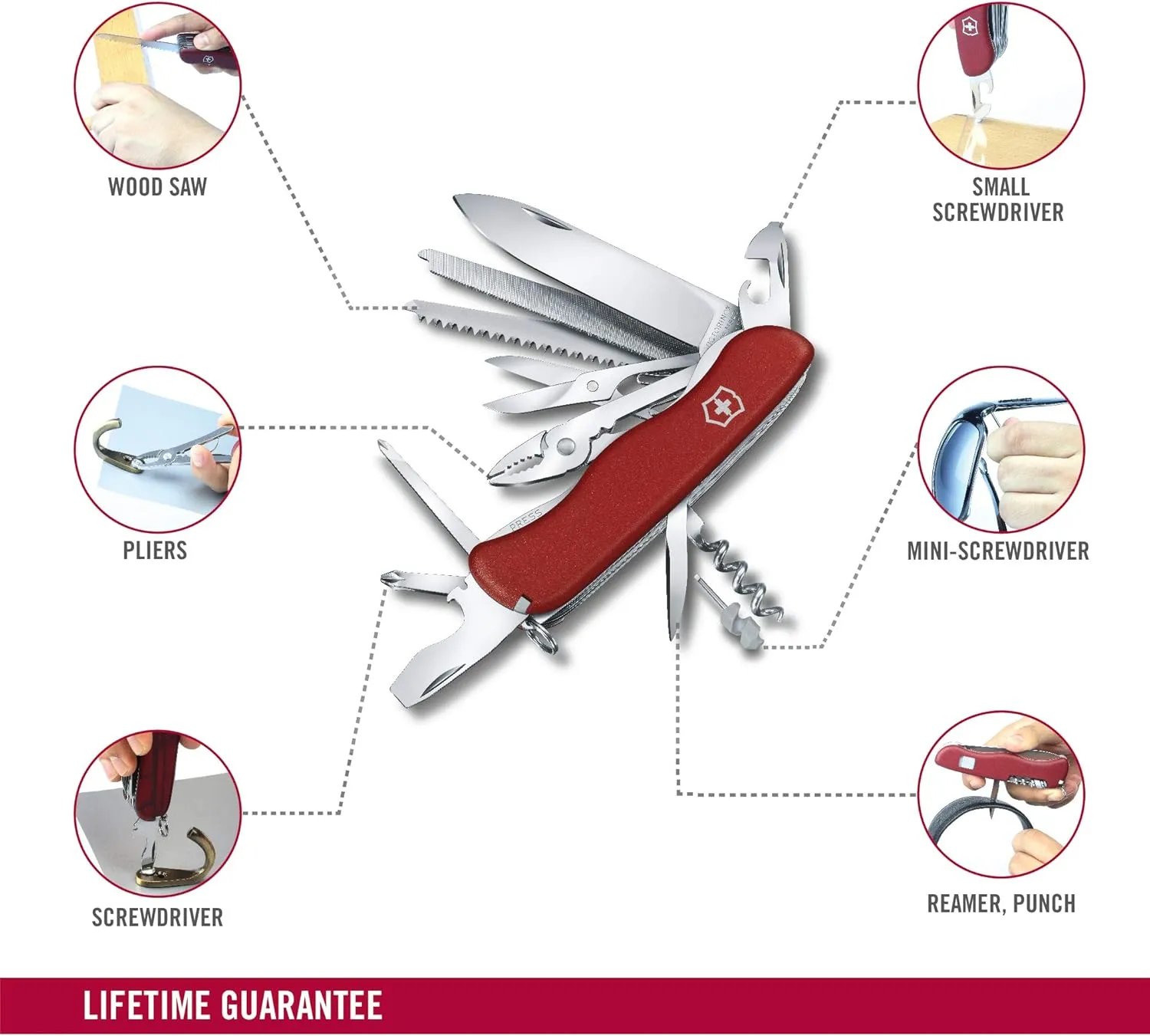 Victorinox Work Champ Swiss Army Knife, 21 Function Swiss Made Pocket Knife with Large Blade, Pliers, 4 Screwdrivers and Wood Saw - Red