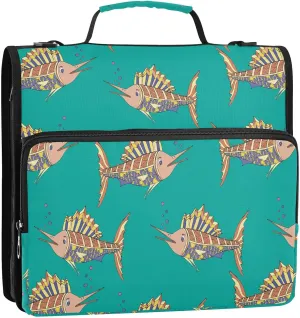 VIGTRO Abstract Swordfish Pattern 1.5 Inch 3 Ring Case Zipper Binder Organizer Bag with Shoulder Strap and Handle Multi-Pocket File Folder for Office Supplies