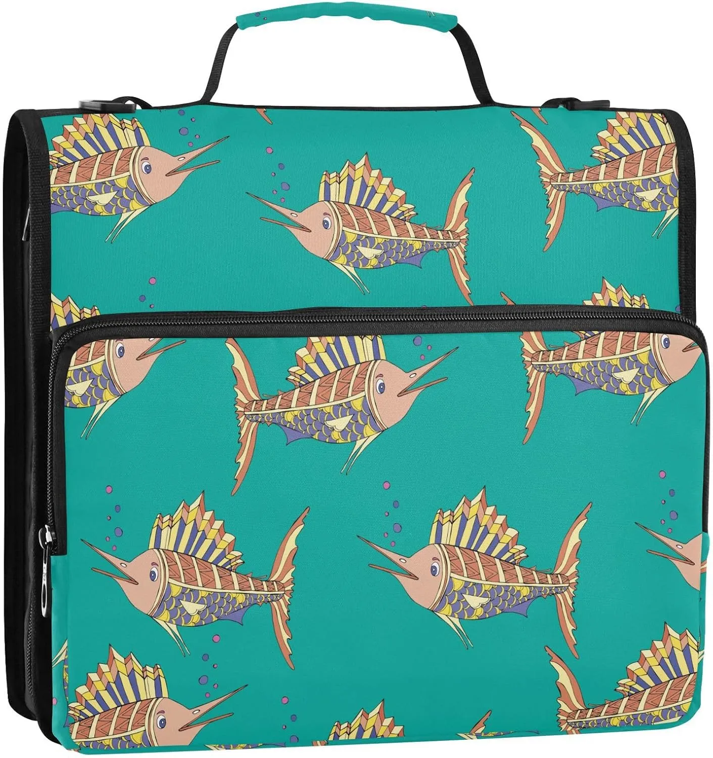 VIGTRO Abstract Swordfish Pattern 1.5 Inch 3 Ring Case Zipper Binder Organizer Bag with Shoulder Strap and Handle Multi-Pocket File Folder for Office Supplies