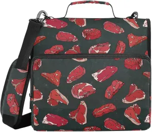 VIGTRO Beef Steaks and Meat Cuts 3 Ring Zipper Binder 1.5 Inch Binder Organizer Bag with Shoulder Strap and Handle File Folder for Office Work 500 Sheet Capacity