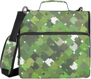 VIGTRO Bright Abstract Mosaic Green 1.5 Inch 3 Ring Case Zipper Binder Organizer Bag with Shoulder Strap and Handle Multi-Pocket File Folder for Office Supplies
