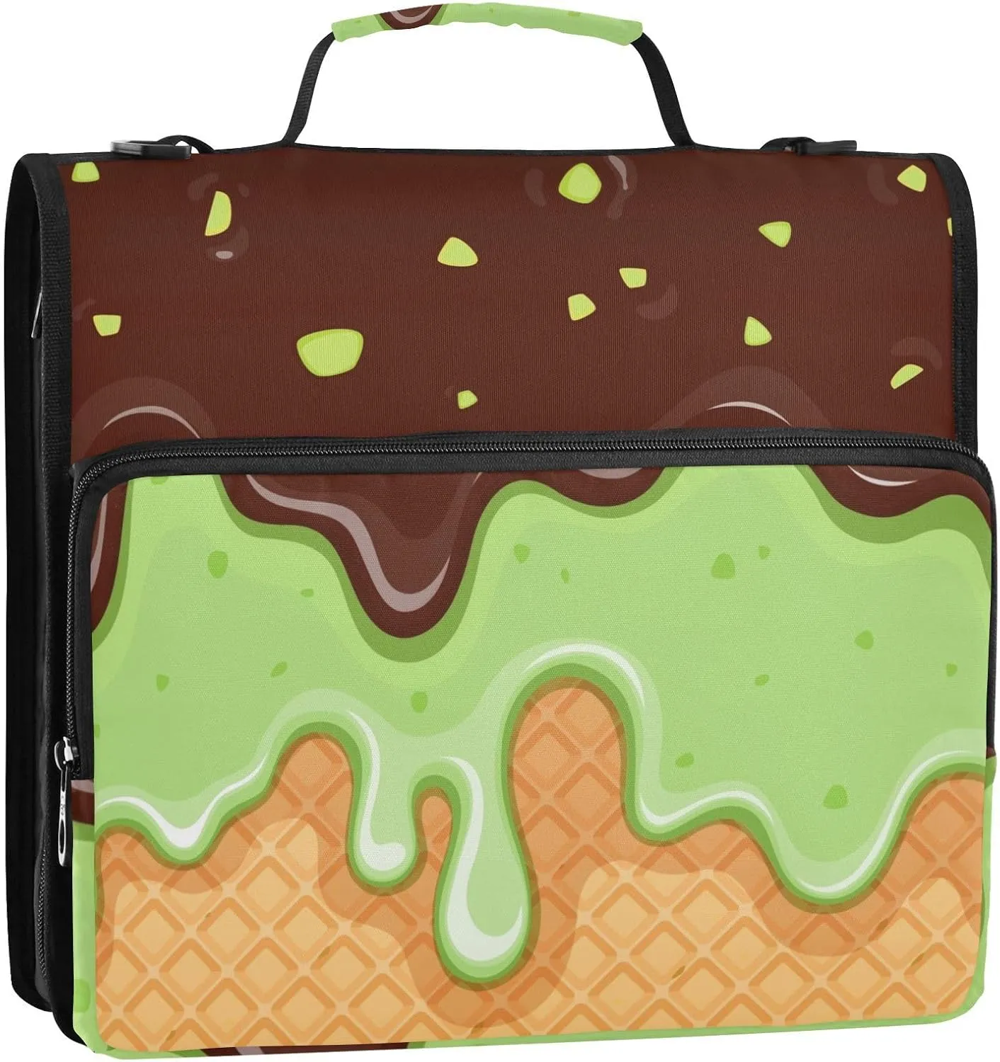 VIGTRO Chocolate Pistachio Ice Cream 3 Ring Zipper Binder 1.5 Inch Binder Organizer Bag with Shoulder Strap and Handle File Folder for Office Work 500 Sheet Capacity