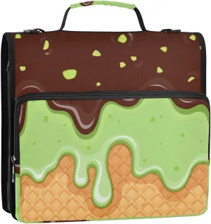 VIGTRO Chocolate Pistachio Ice Cream 3 Ring Zipper Binder 1.5 Inch Binder Organizer Bag with Shoulder Strap and Handle File Folder for Office Work 500 Sheet Capacity