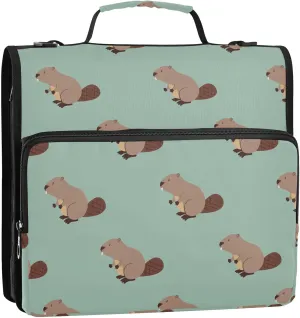 VIGTRO Cute Beaver Animals Pattern 1.5 Inch 3 Ring Case Zipper Binder Organizer Bag with Shoulder Strap and Handle Multi-Pocket File Folder for Office Supplies