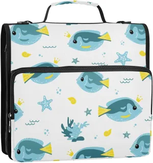 VIGTRO Cute Pattern Blue Fishes 1.5 Inch 3 Ring Case Zipper Binder Organizer Bag with Shoulder Strap and Handle Multi-Pocket File Folder for Office Supplies