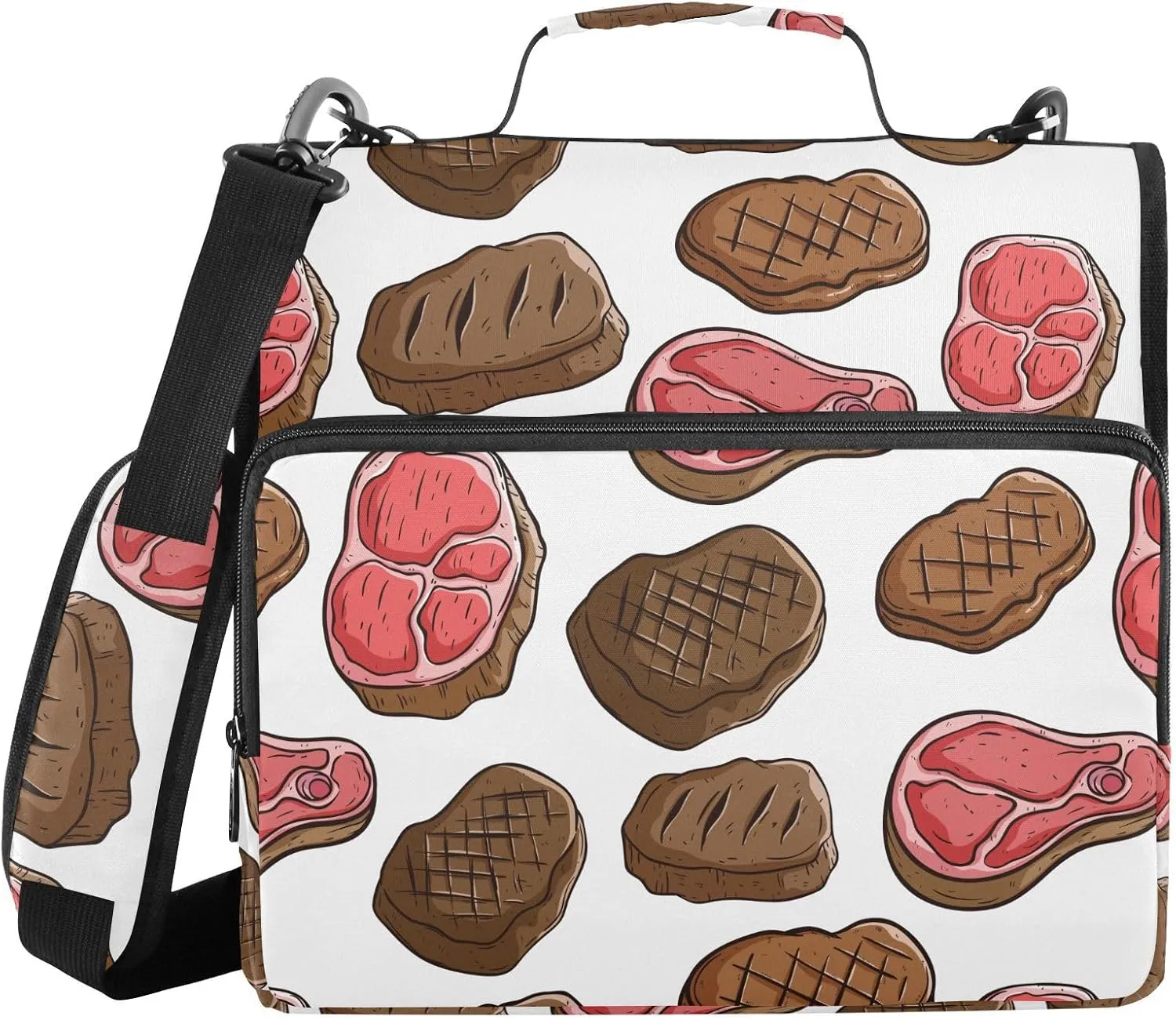 VIGTRO Delicious Beef Fork Steak 3 Ring Binder with Zipper Shoulder Strap 500 Sheet Capacity, Multi-Pocket 1.5 Inch Zipper Binder Organizer for Office
