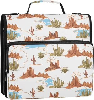VIGTRO Desert Cactus Succulents Flower 1.5 Inch 3 Ring Case Zipper Binder Organizer Bag with Shoulder Strap and Handle Multi-Pocket File Folder for Office Supplies