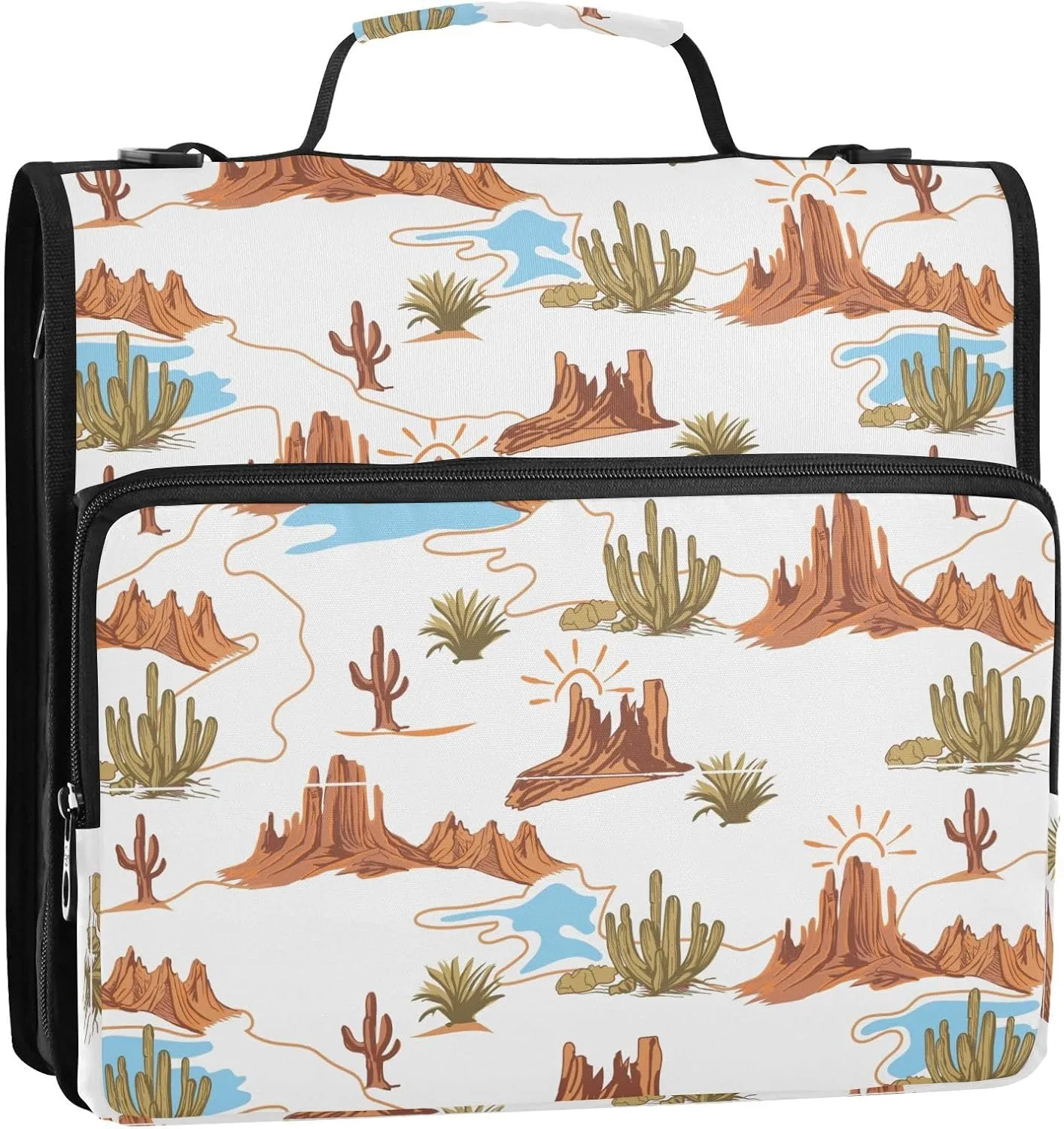 VIGTRO Desert Cactus Succulents Flower 1.5 Inch 3 Ring Case Zipper Binder Organizer Bag with Shoulder Strap and Handle Multi-Pocket File Folder for Office Supplies