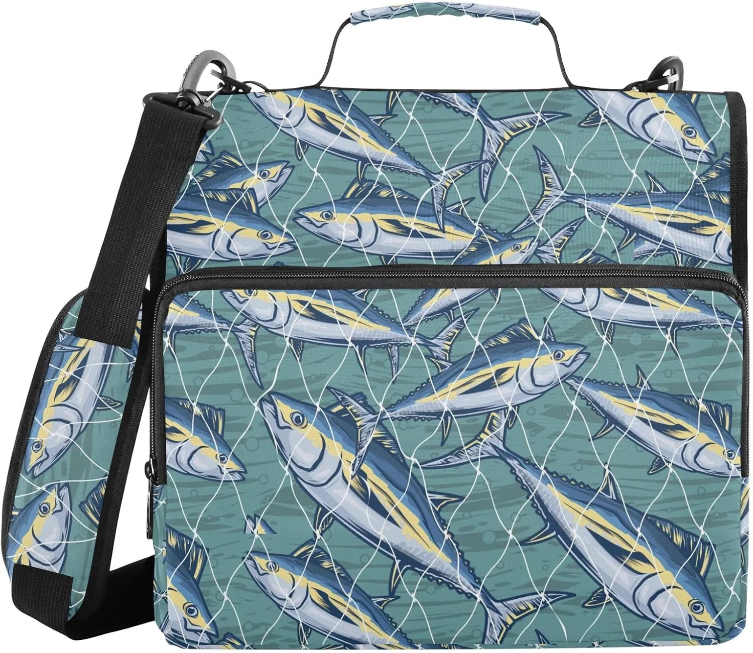 VIGTRO Fishnet Sea Tuna Pattern 3 Ring Zipper Binder 1.5 Inch Binder Organizer Bag with Shoulder Strap and Handle File Folder for Office Work 500 Sheet Capacity