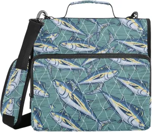 VIGTRO Fishnet Sea Tuna Pattern 3 Ring Zipper Binder 1.5 Inch Binder Organizer Bag with Shoulder Strap and Handle File Folder for Office Work 500 Sheet Capacity