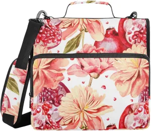 VIGTRO Flowers Peonies Pomegranates 3 Ring Zipper Binder 1.5 Inch Binder Organizer Bag with Shoulder Strap and Handle Watercolor File Folder for Office Work 500 Sheet Capacity