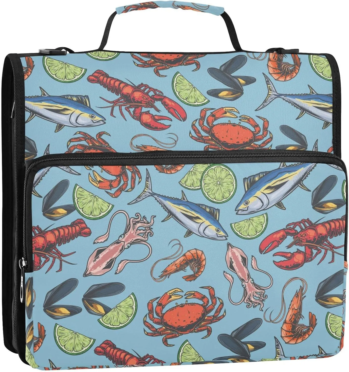 VIGTRO Marine Delicacies Colorful 1.5 Inch 3 Ring Case Zipper Binder Organizer Bag with Shoulder Strap and Handle Ocean Crabs Fresh Crayfish Multi-Pocket File Folder for Office Supplies