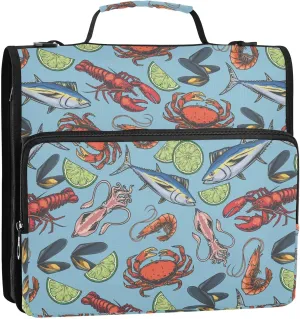 VIGTRO Marine Delicacies Colorful 1.5 Inch 3 Ring Case Zipper Binder Organizer Bag with Shoulder Strap and Handle Ocean Crabs Fresh Crayfish Multi-Pocket File Folder for Office Supplies