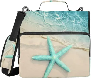 VIGTRO Ocean Beach Starfish 3 Ring Zipper Binder 1.5 Inch Binder Organizer Bag with Shoulder Strap and Handle Sea Water Wave File Folder for Office Work 500 Sheet Capacity